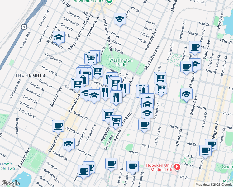 map of restaurants, bars, coffee shops, grocery stores, and more near 45 Congress Street in Jersey City