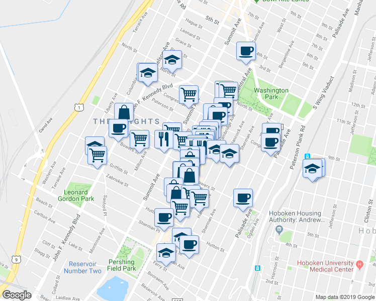 map of restaurants, bars, coffee shops, grocery stores, and more near 29 Thorne Street in Jersey City