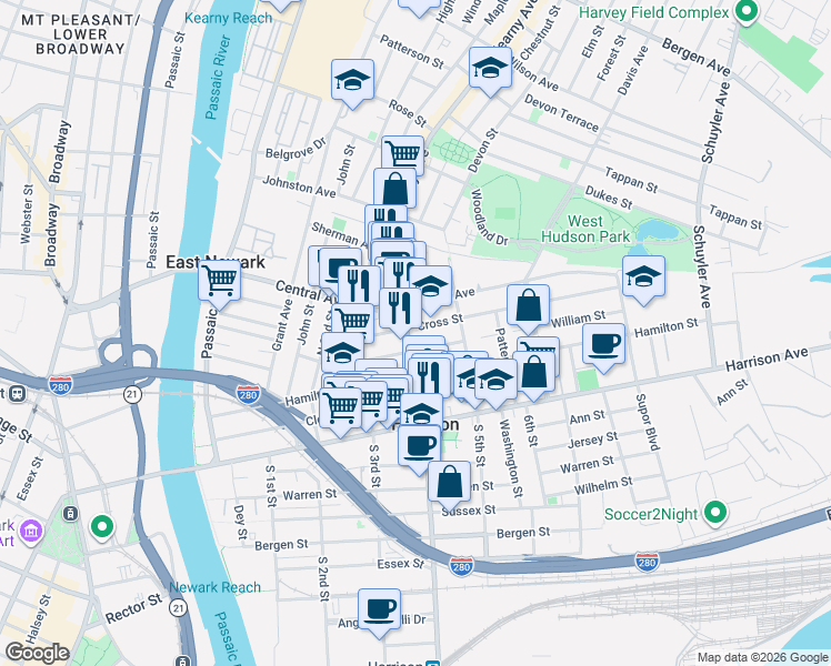 map of restaurants, bars, coffee shops, grocery stores, and more near 308 Frank E Rodgers Boulevard North in Harrison