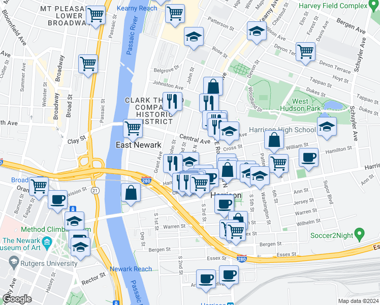 map of restaurants, bars, coffee shops, grocery stores, and more near 319 North 2nd Street in Harrison
