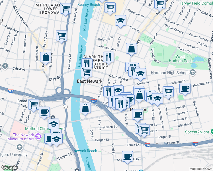 map of restaurants, bars, coffee shops, grocery stores, and more near 126 Grant Avenue in East Newark