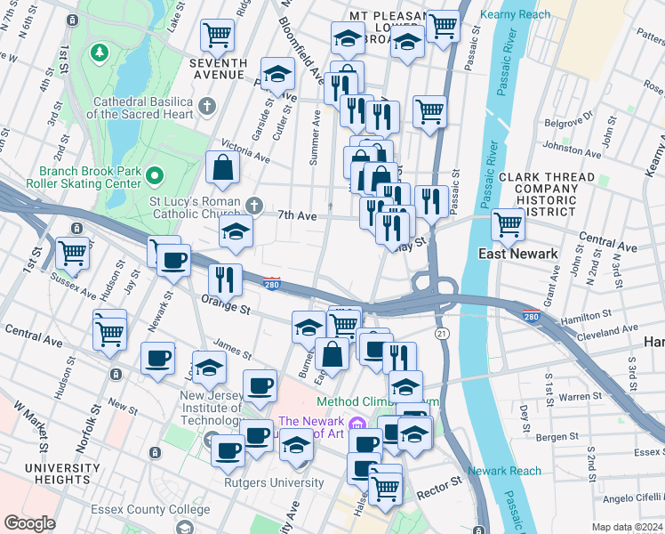 map of restaurants, bars, coffee shops, grocery stores, and more near 47 State Street in Newark