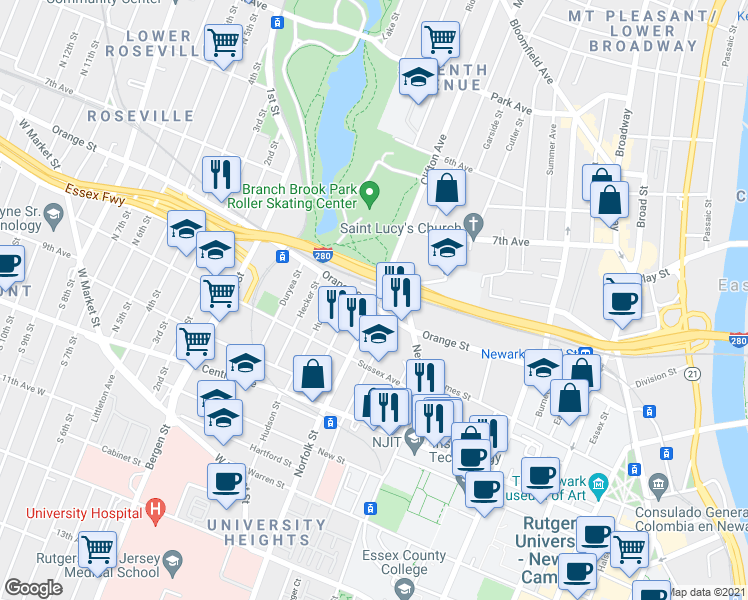 map of restaurants, bars, coffee shops, grocery stores, and more near 3 Clifton Avenue in Newark