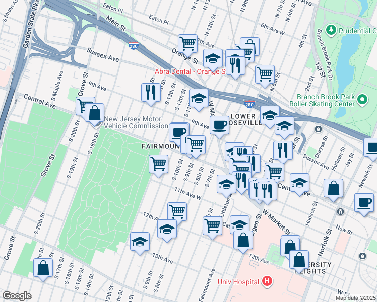 map of restaurants, bars, coffee shops, grocery stores, and more near 535 Central Avenue in Newark