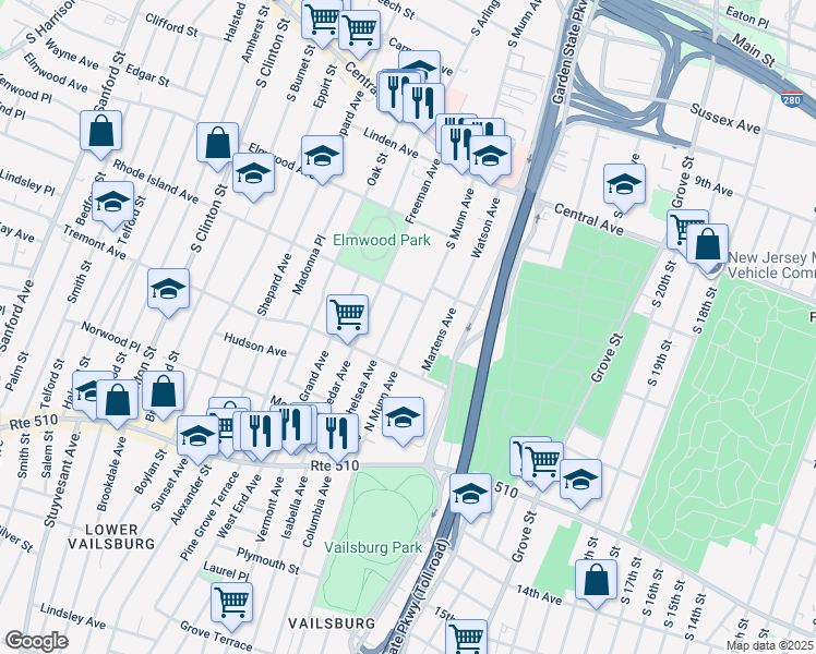map of restaurants, bars, coffee shops, grocery stores, and more near 121 North Munn Avenue in Newark