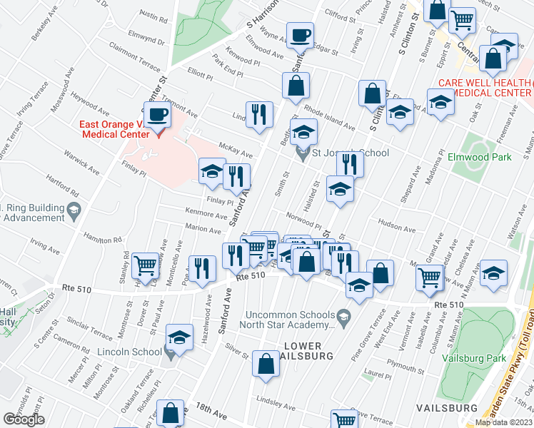 map of restaurants, bars, coffee shops, grocery stores, and more near 80 Telford Street in Newark