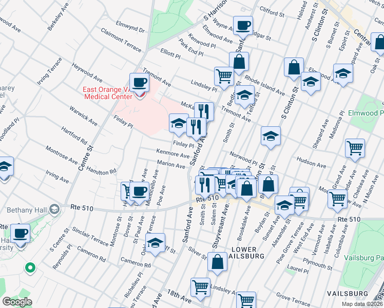 map of restaurants, bars, coffee shops, grocery stores, and more near 379 Sanford Avenue in Newark