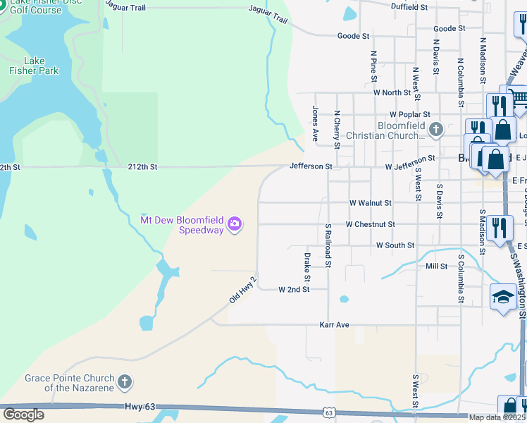 map of restaurants, bars, coffee shops, grocery stores, and more near 20311 Old Highway 2 in Bloomfield