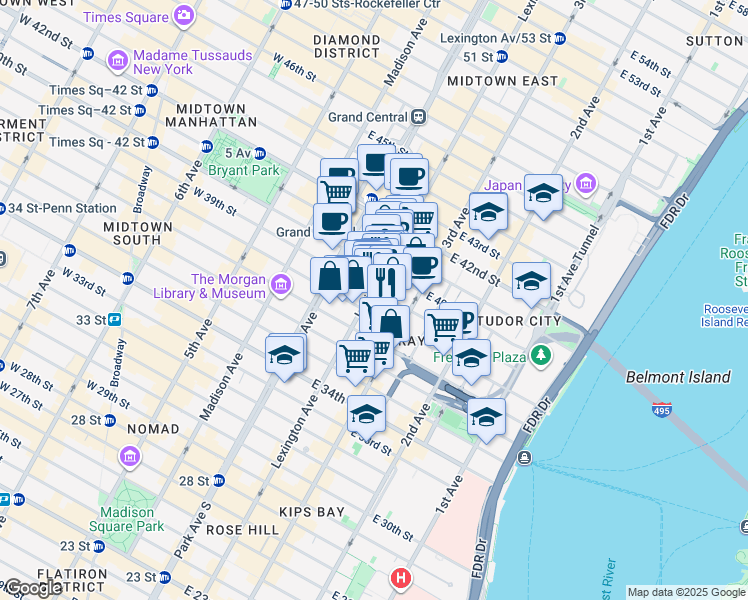map of restaurants, bars, coffee shops, grocery stores, and more near 325 Lexington Avenue in New York