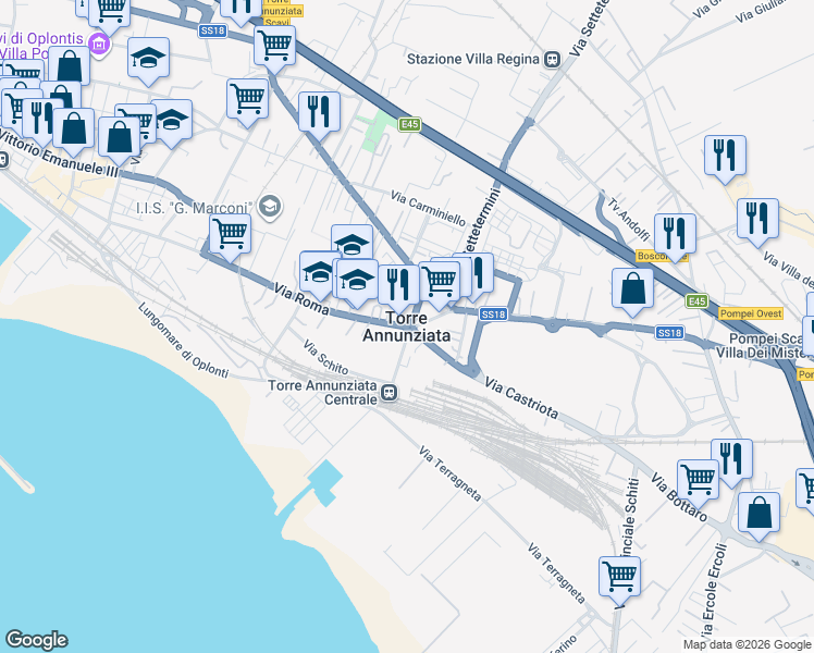 map of restaurants, bars, coffee shops, grocery stores, and more near Viale Manfredi Francesco in Torre Annunziata
