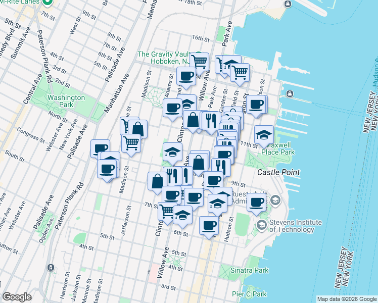 map of restaurants, bars, coffee shops, grocery stores, and more near 10th Street in Hoboken