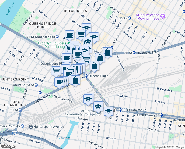 map of restaurants, bars, coffee shops, grocery stores, and more near 29-14 Queens Boulevard in Queens