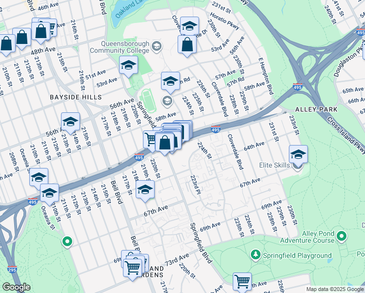 map of restaurants, bars, coffee shops, grocery stores, and more near 22138 Horace Harding Expressway in Queens