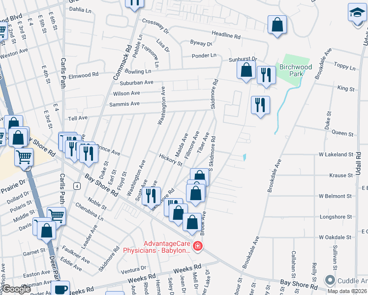 map of restaurants, bars, coffee shops, grocery stores, and more near 128 Maida Avenue in Deer Park