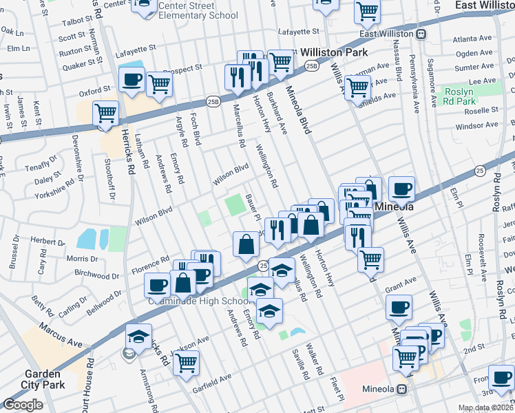 map of restaurants, bars, coffee shops, grocery stores, and more near 375 Bauer Place in Mineola