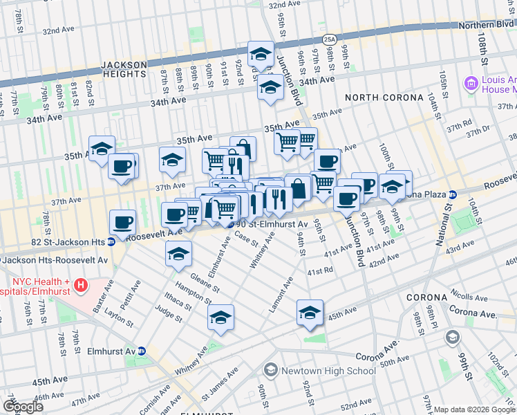 map of restaurants, bars, coffee shops, grocery stores, and more near 37-60 92nd Street in Queens