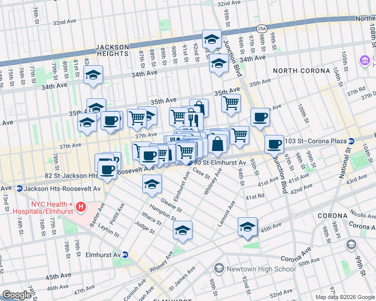map of restaurants, bars, coffee shops, grocery stores, and more near 37-53 90th Street in Queens