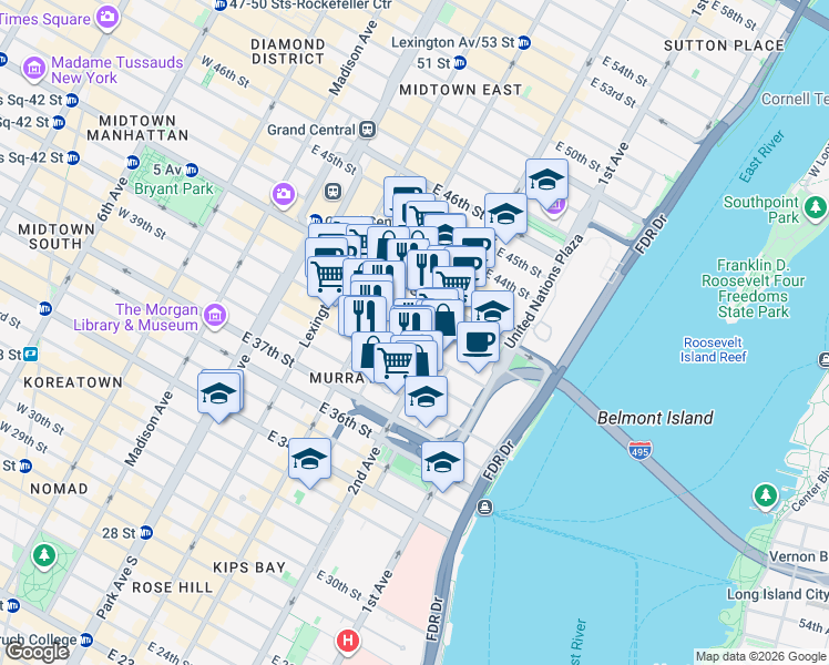 map of restaurants, bars, coffee shops, grocery stores, and more near 619635 3rd Avenue in New York