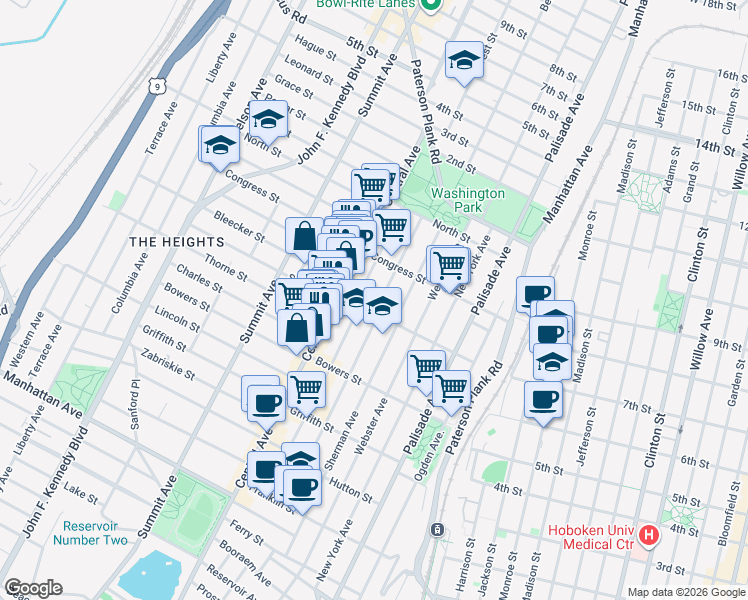 map of restaurants, bars, coffee shops, grocery stores, and more near 96 South Street in Jersey City