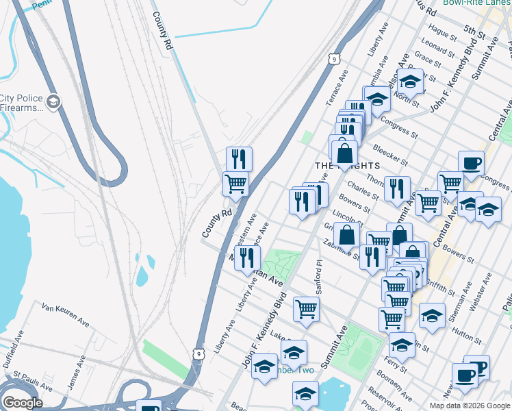 map of restaurants, bars, coffee shops, grocery stores, and more near 210 Zabriskie Street in Jersey City