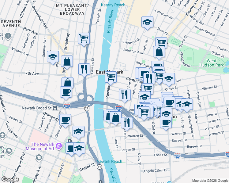 map of restaurants, bars, coffee shops, grocery stores, and more near in East Newark