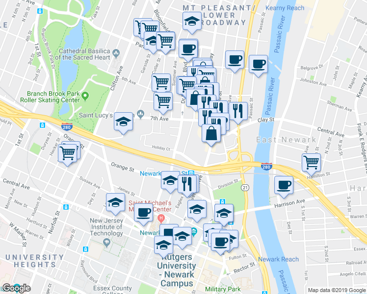 map of restaurants, bars, coffee shops, grocery stores, and more near 47 State Street in Newark