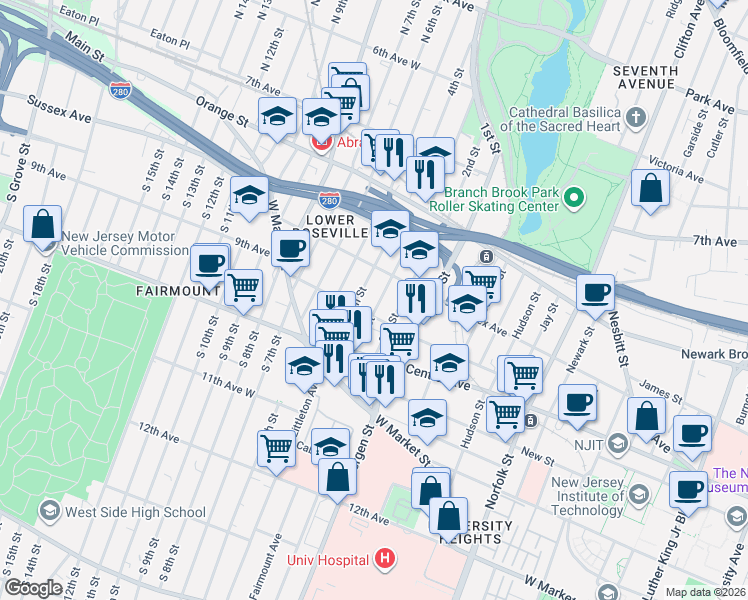 map of restaurants, bars, coffee shops, grocery stores, and more near 40 1/2 3rd Street in Newark