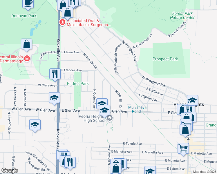 map of restaurants, bars, coffee shops, grocery stores, and more near 5025 North Best Street in Peoria Heights