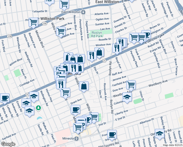map of restaurants, bars, coffee shops, grocery stores, and more near 85 Washington Avenue in Mineola