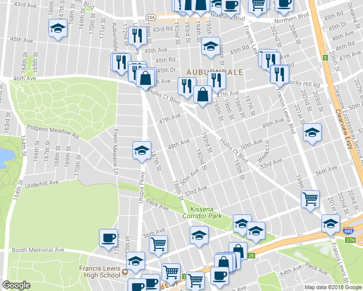 map of restaurants, bars, coffee shops, grocery stores, and more near 48-04 190th Street in Queens