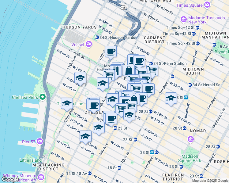 map of restaurants, bars, coffee shops, grocery stores, and more near 340 West 28th Street in New York