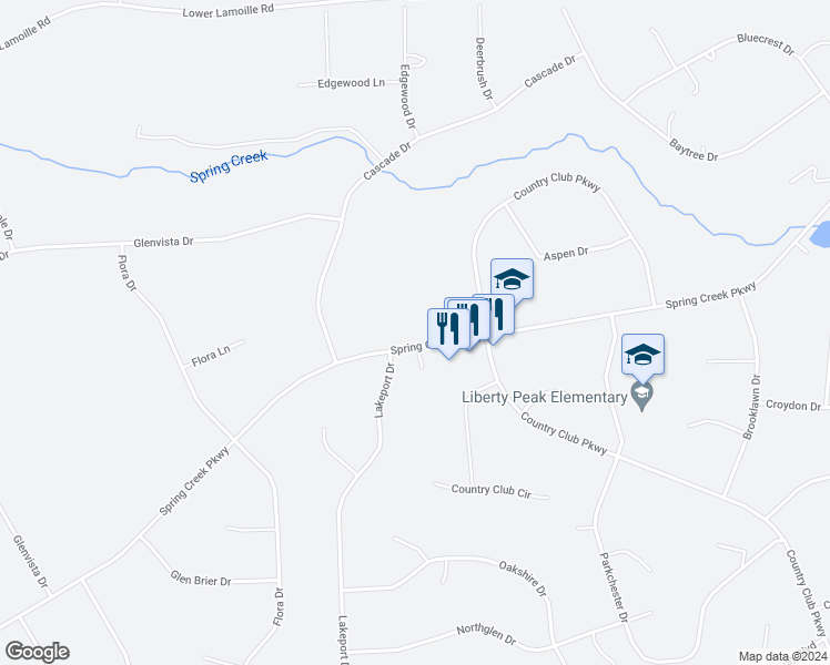 map of restaurants, bars, coffee shops, grocery stores, and more near 235 Spring Creek Parkway in Spring Creek