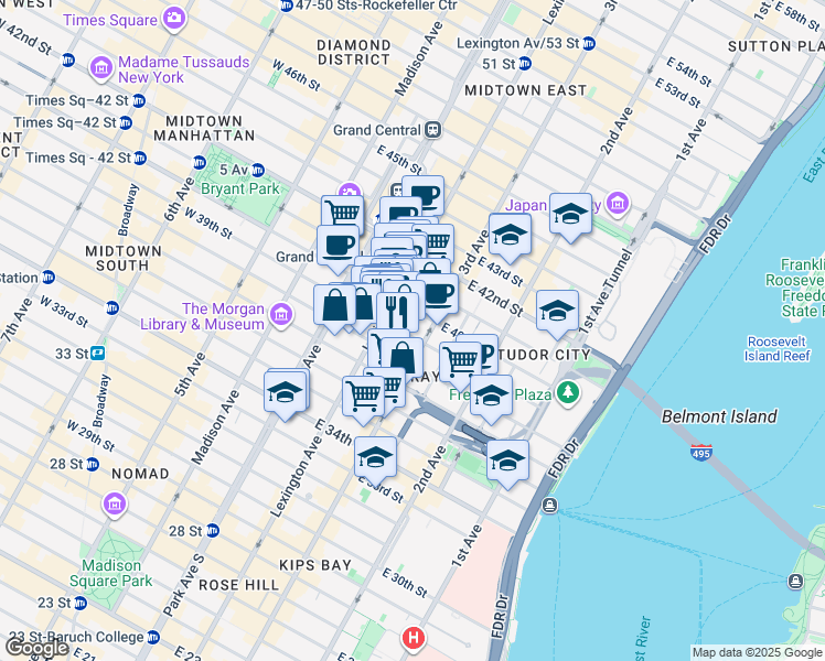 map of restaurants, bars, coffee shops, grocery stores, and more near 155 East 39th Street in New York