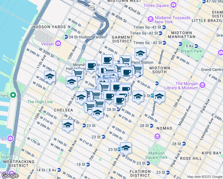 map of restaurants, bars, coffee shops, grocery stores, and more near 242 West 30th Street in New York