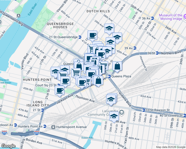 map of restaurants, bars, coffee shops, grocery stores, and more near 28-03 Jackson Avenue in Queens