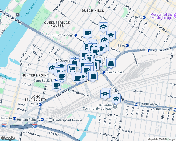 map of restaurants, bars, coffee shops, grocery stores, and more near 28-03 Jackson Avenue in Queens