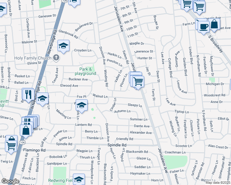 map of restaurants, bars, coffee shops, grocery stores, and more near 2 Shady Lane in Hicksville