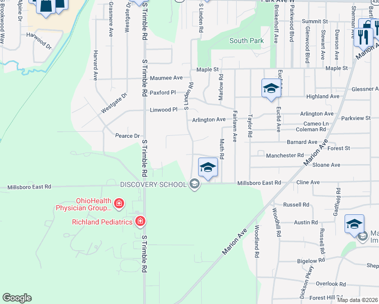 map of restaurants, bars, coffee shops, grocery stores, and more near 366 South Linden Road in Mansfield