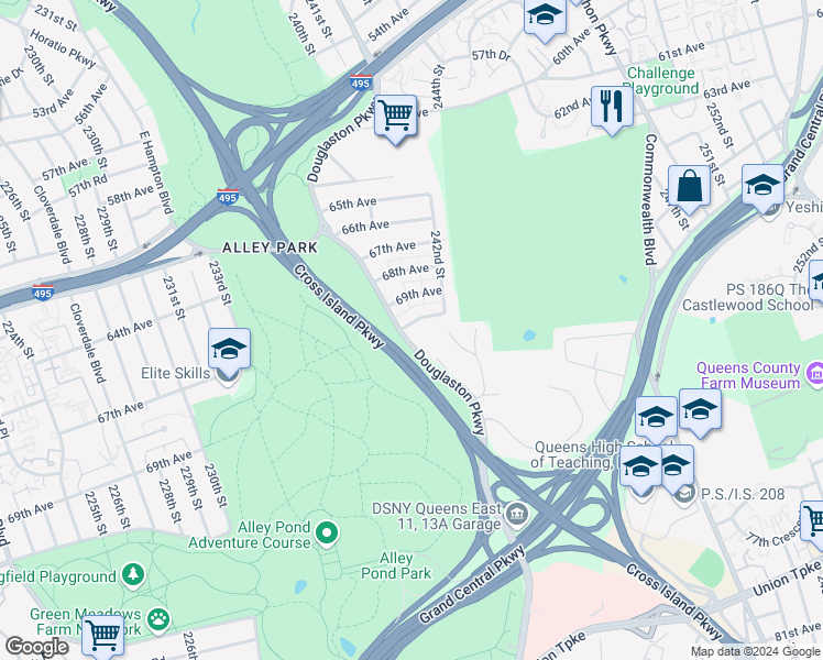 map of restaurants, bars, coffee shops, grocery stores, and more near 240-6 70th Avenue in Queens