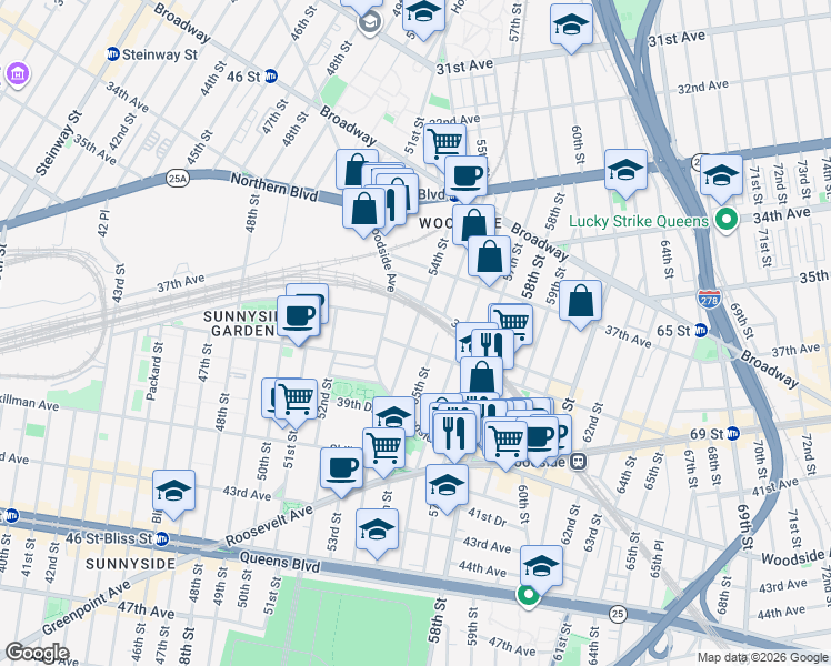 map of restaurants, bars, coffee shops, grocery stores, and more near 38-28 55th Street in Queens