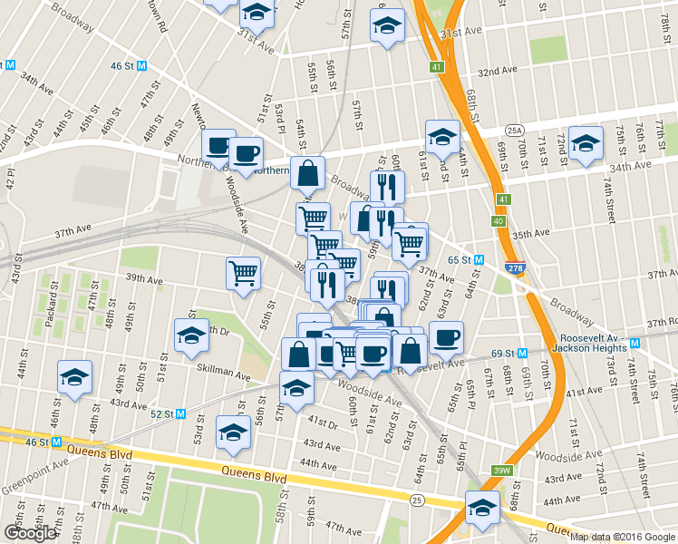 map of restaurants, bars, coffee shops, grocery stores, and more near 37-34 58th Street in Queens