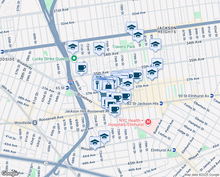 map of restaurants, bars, coffee shops, grocery stores, and more near in Queens