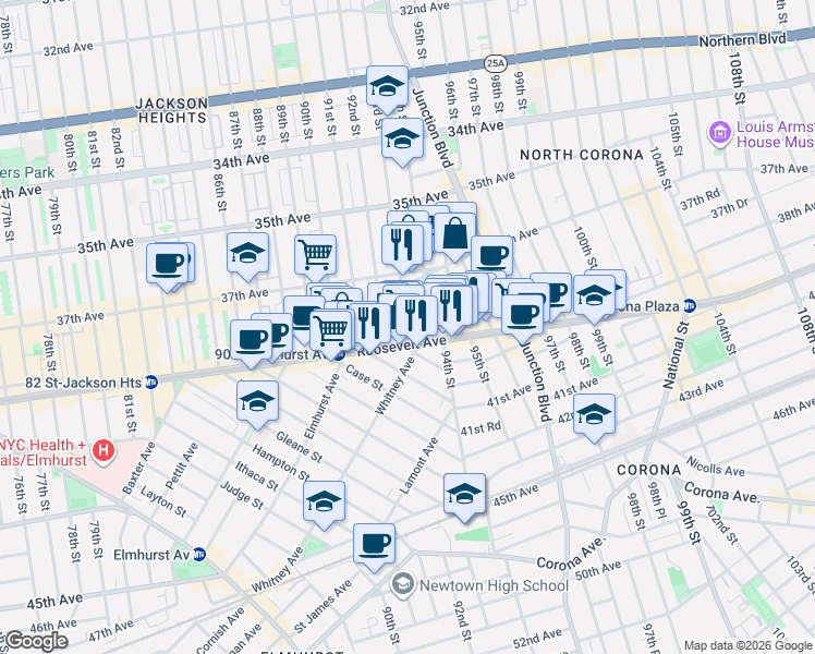 map of restaurants, bars, coffee shops, grocery stores, and more near in Queens