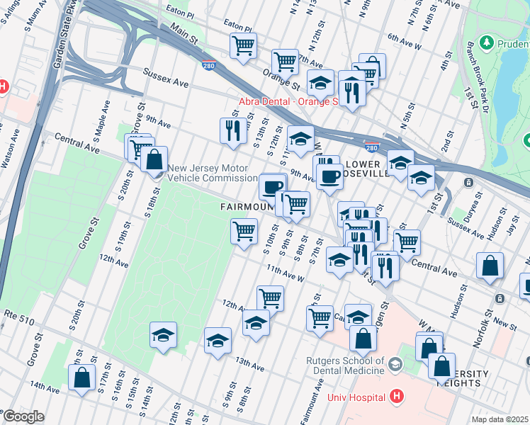 map of restaurants, bars, coffee shops, grocery stores, and more near Central Avenue & South 11th Street in Newark