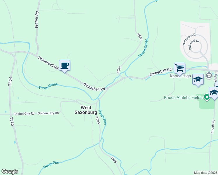 map of restaurants, bars, coffee shops, grocery stores, and more near 632 Dinnerbell Road in Saxonburg