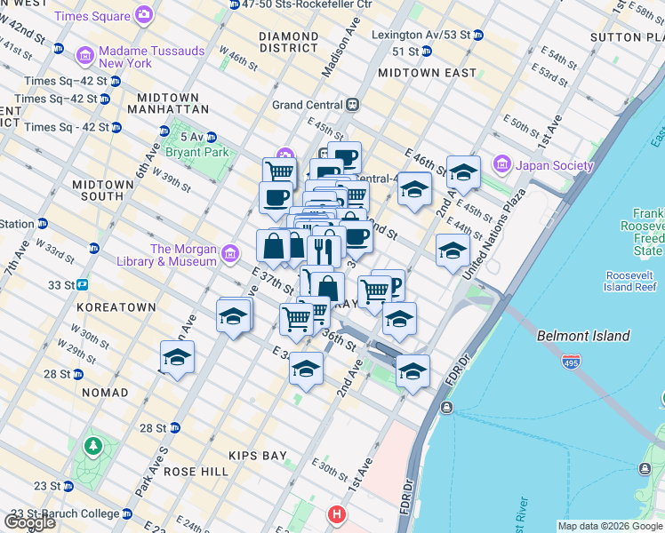 map of restaurants, bars, coffee shops, grocery stores, and more near 149 East 39th Street in New York