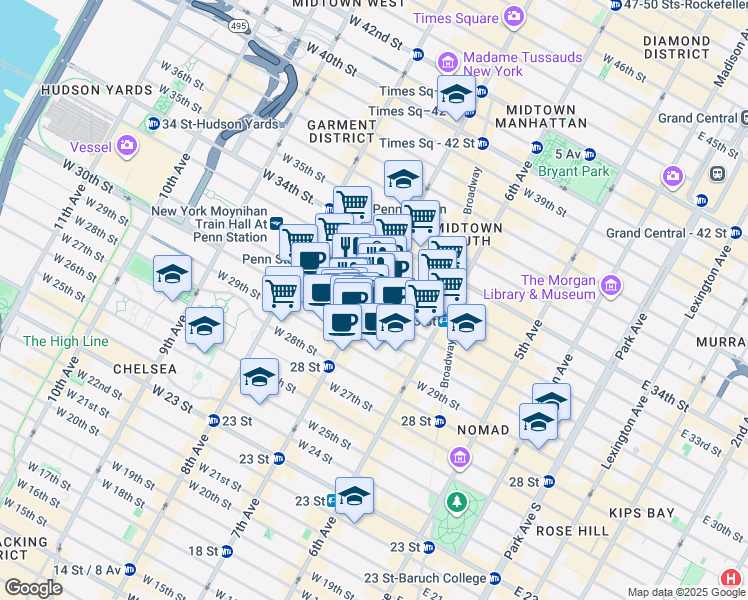 map of restaurants, bars, coffee shops, grocery stores, and more near 11 Pennsylvania Plaza in New York