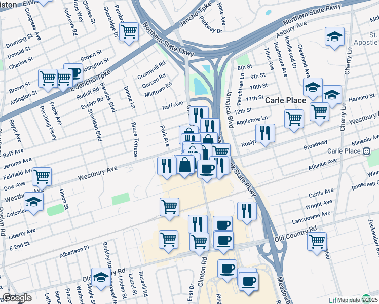 map of restaurants, bars, coffee shops, grocery stores, and more near 230 Glen Cove Road in Carle Place