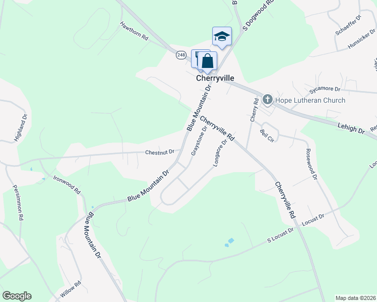 map of restaurants, bars, coffee shops, grocery stores, and more near 567 Blue Mountain Drive in Walnutport