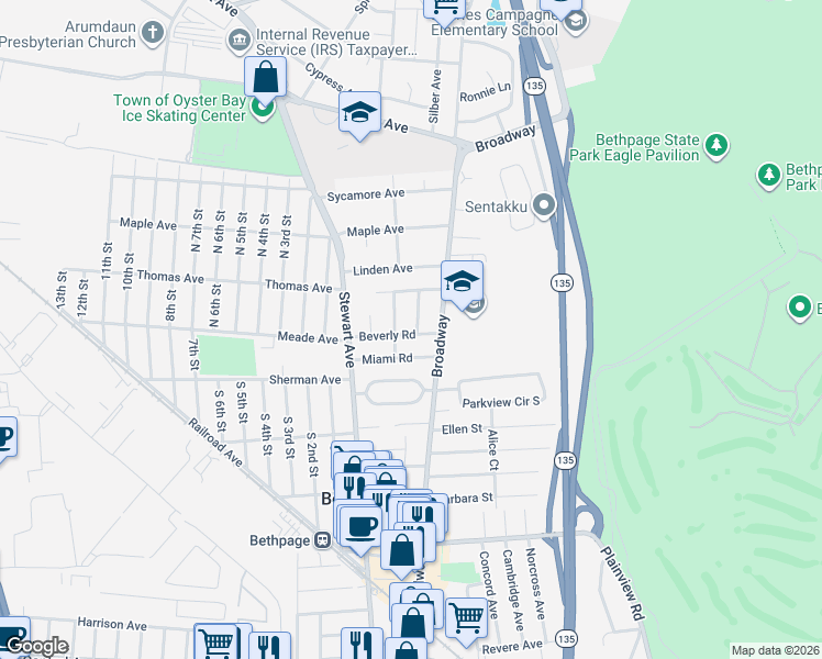 map of restaurants, bars, coffee shops, grocery stores, and more near 15 Beverly Road in Bethpage